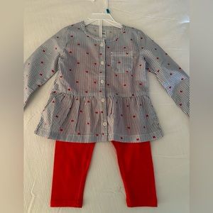 Carters Red Pants and Blue / White Striped Button Shirt with Tiny Hearts
